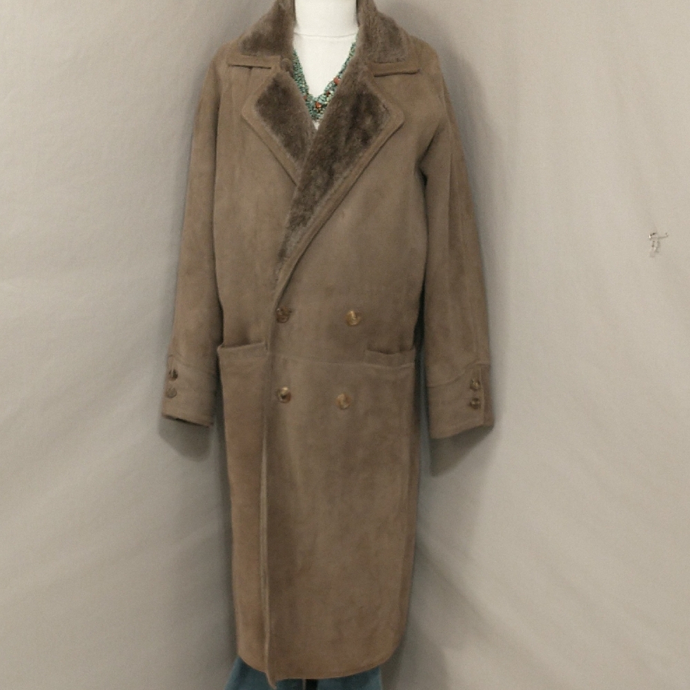 Vintage Shearling Coat USA Made Sawyer Napa Taupe Maxi Oversized Warm SeeMeasure